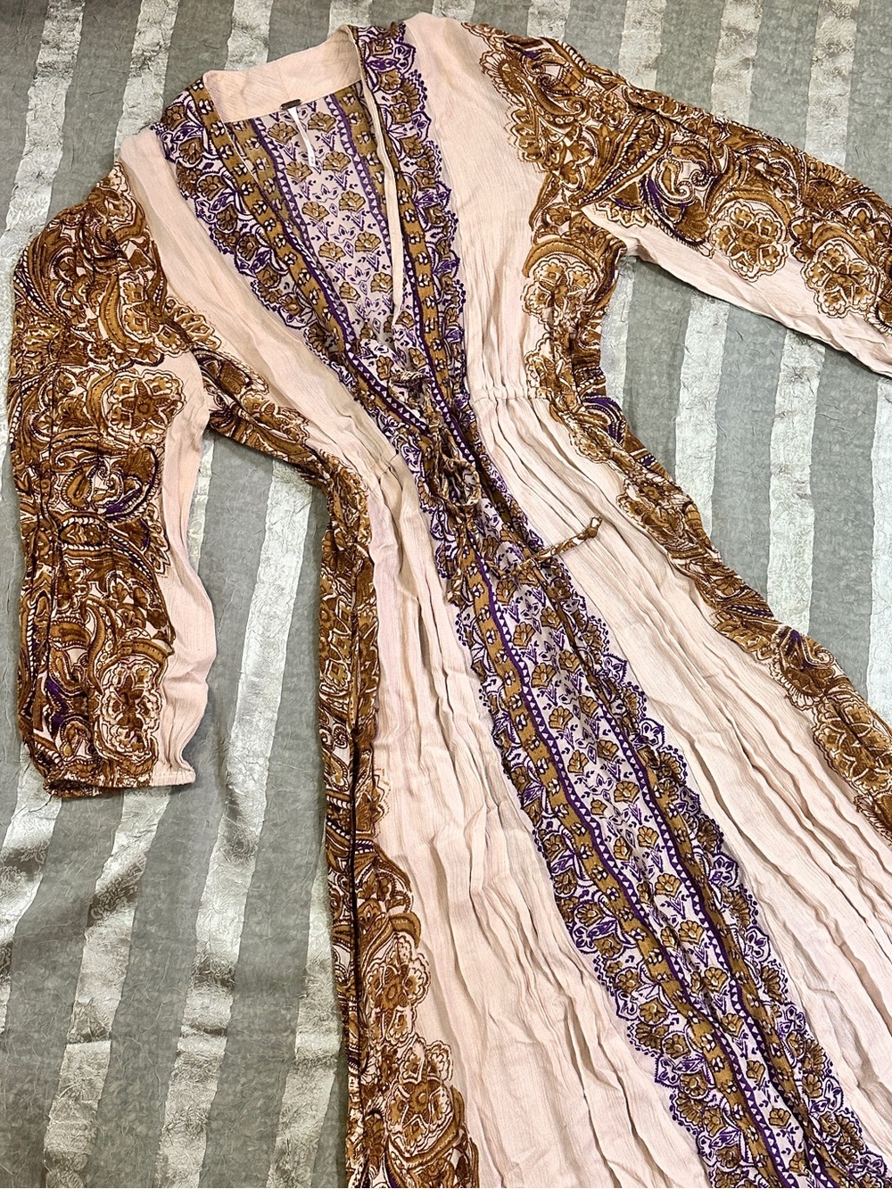Free People Cream Boho Maxi Dress with Gold & Purple Paisley Floral Print